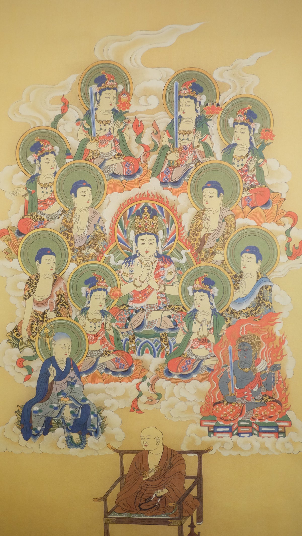 Vintage Japanese Buddhist Kakejiku Scroll, Buddha Bodhisattva Temple Art, Woodblock-Style Print, Zen Meditation Wall Decor