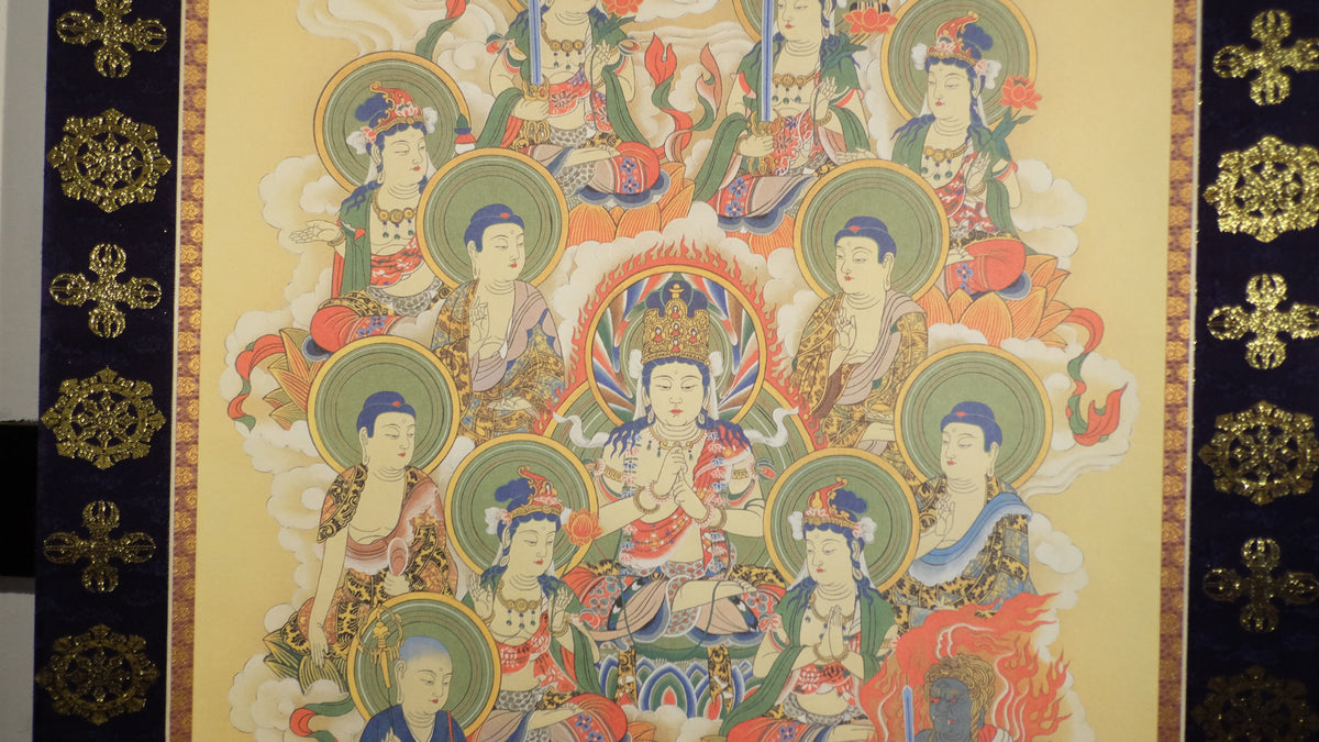 Vintage Japanese Buddhist Kakejiku Scroll, Buddha Bodhisattva Temple Art, Woodblock-Style Print, Zen Meditation Wall Decor