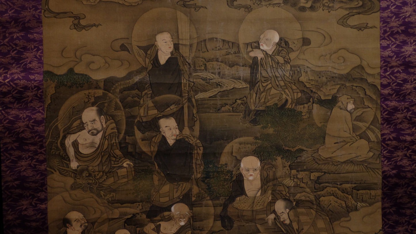 Antique Japanese Shakyamuni & 16 Arhats Scroll | Shaka Triad Jūroku Rakan Kakejiku | Edo–Meiji Buddhist Art