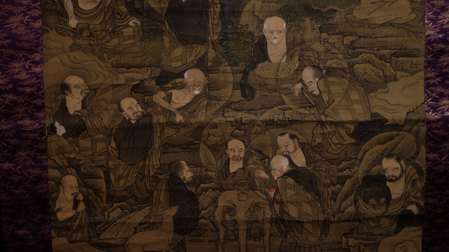 Antique Japanese Shakyamuni & 16 Arhats Scroll | Shaka Triad Jūroku Rakan Kakejiku | Edo–Meiji Buddhist Art