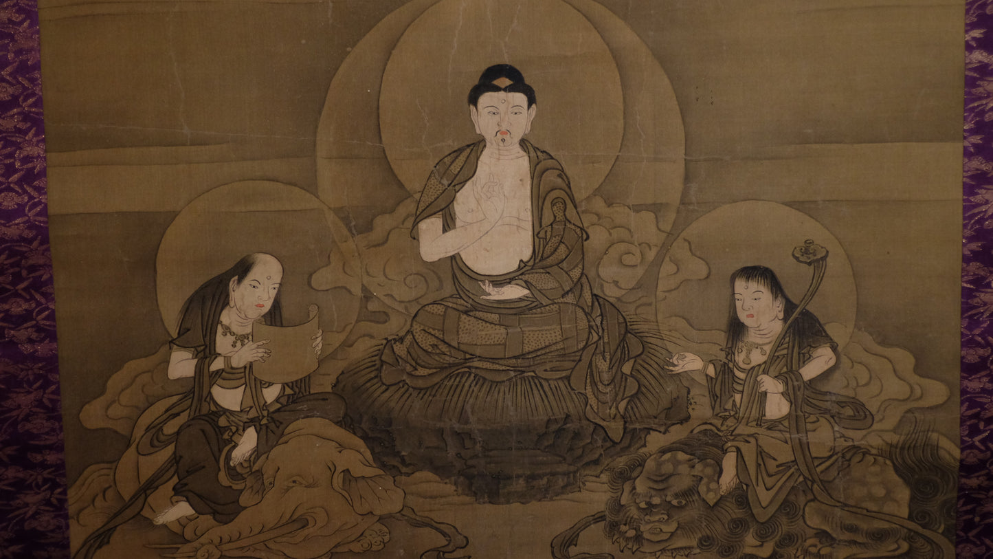 Antique Japanese Shakyamuni & 16 Arhats Scroll | Shaka Triad Jūroku Rakan Kakejiku | Edo–Meiji Buddhist Art