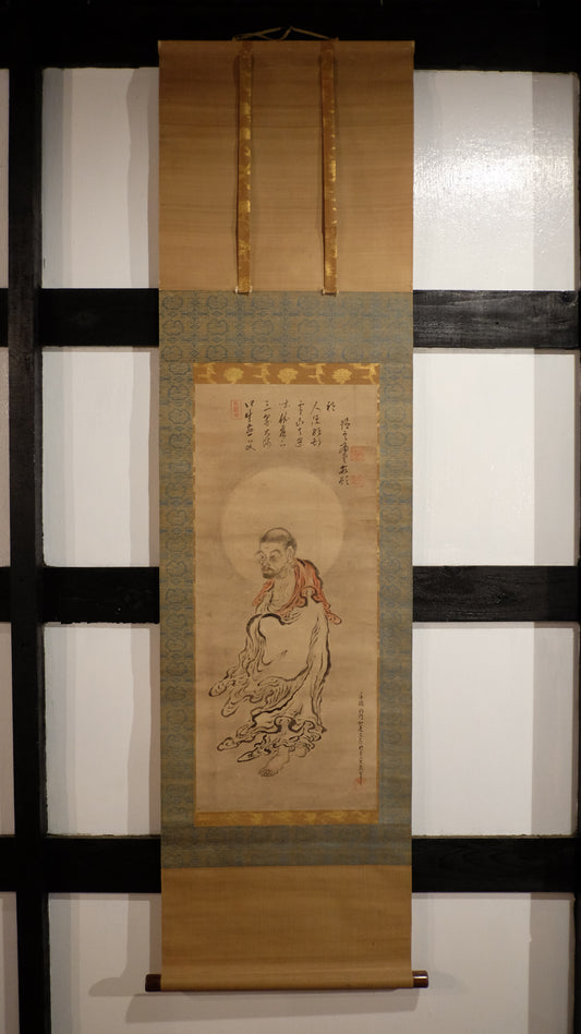 Attributed Kano Sasshin Edo Rakan Scroll, Japanese Arhat Buddhist Painting, Signed Kakejiku Zen Monk Art