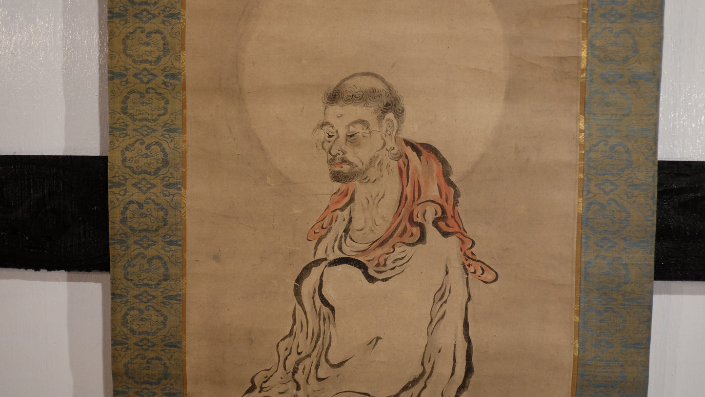 Attributed Kano Sasshin Edo Rakan Scroll, Japanese Arhat Buddhist Painting, Signed Kakejiku Zen Monk Art