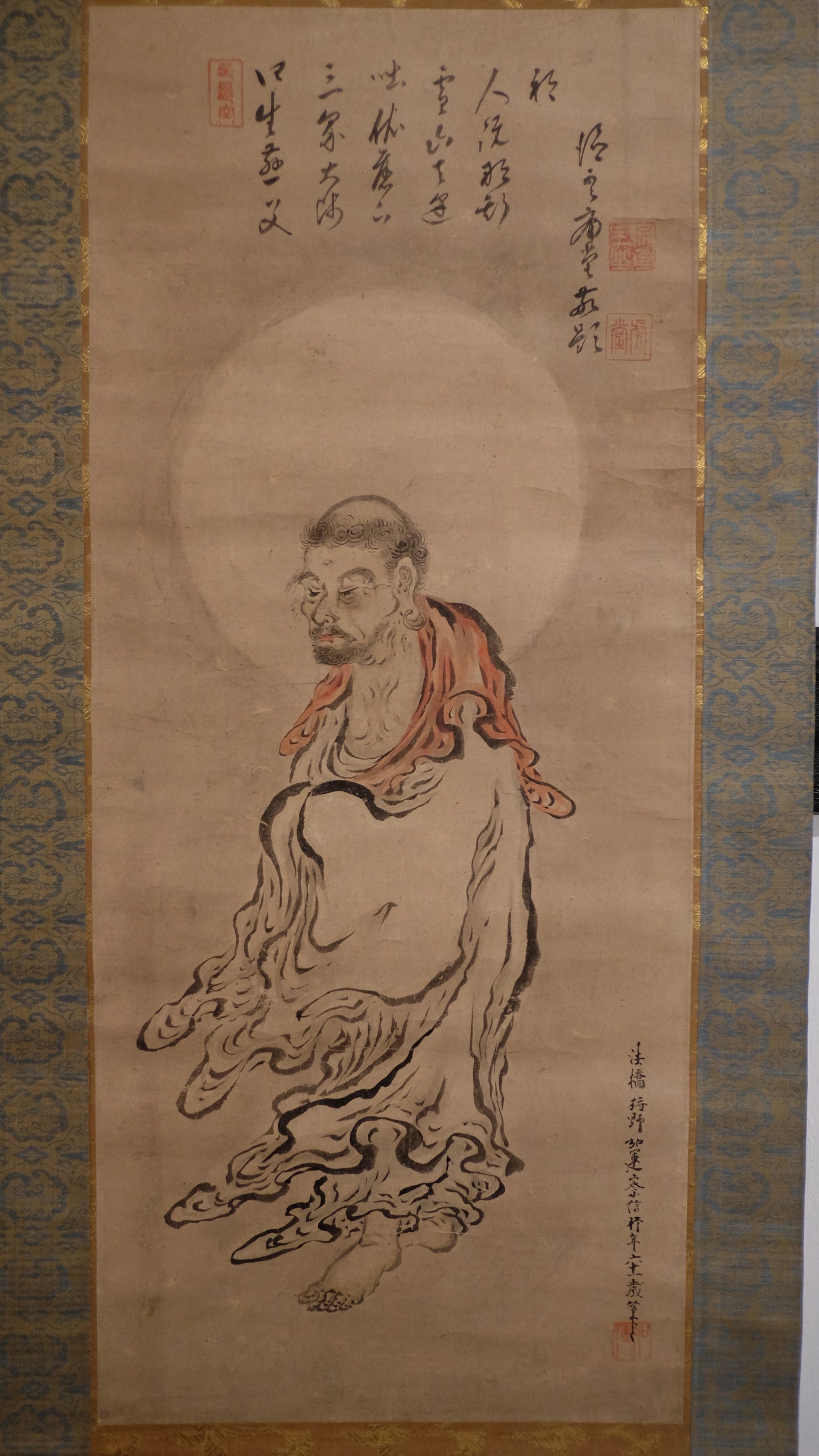 Attributed Kano Sasshin Edo Rakan Scroll, Japanese Arhat Buddhist Painting, Signed Kakejiku Zen Monk Art