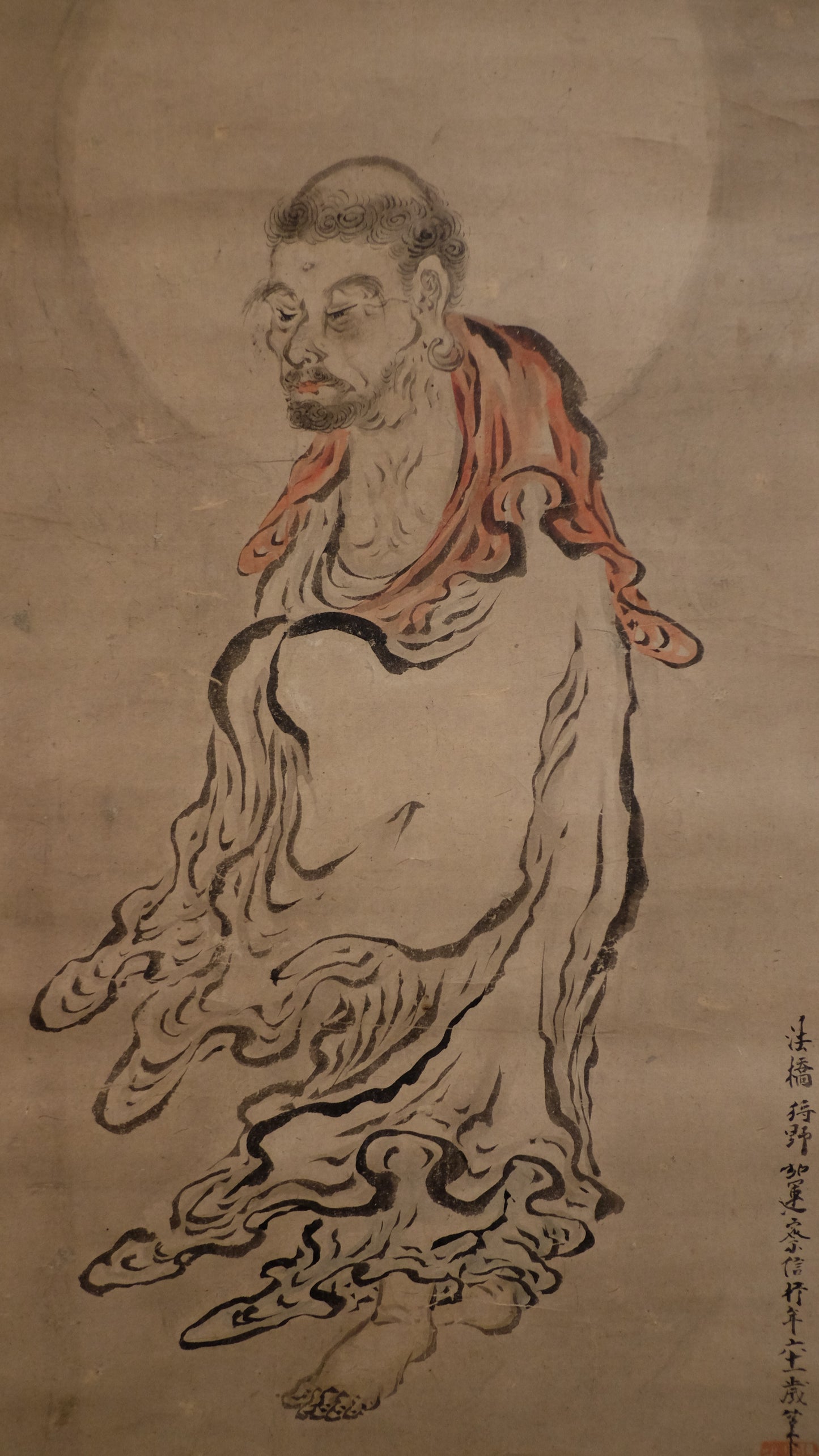 Attributed Kano Sasshin Edo Rakan Scroll, Japanese Arhat Buddhist Painting, Signed Kakejiku Zen Monk Art