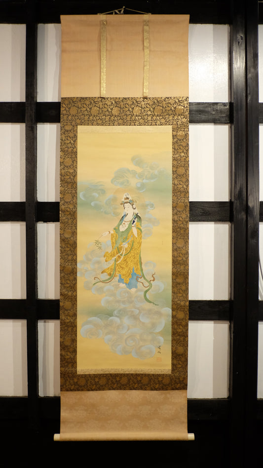 Elegant Japanese Scroll of Kannon – Goddess of Mercy on Clouds – Hand-Painted Silk Hanging Scroll – Spiritual Buddhist Art for Healing & Meditation