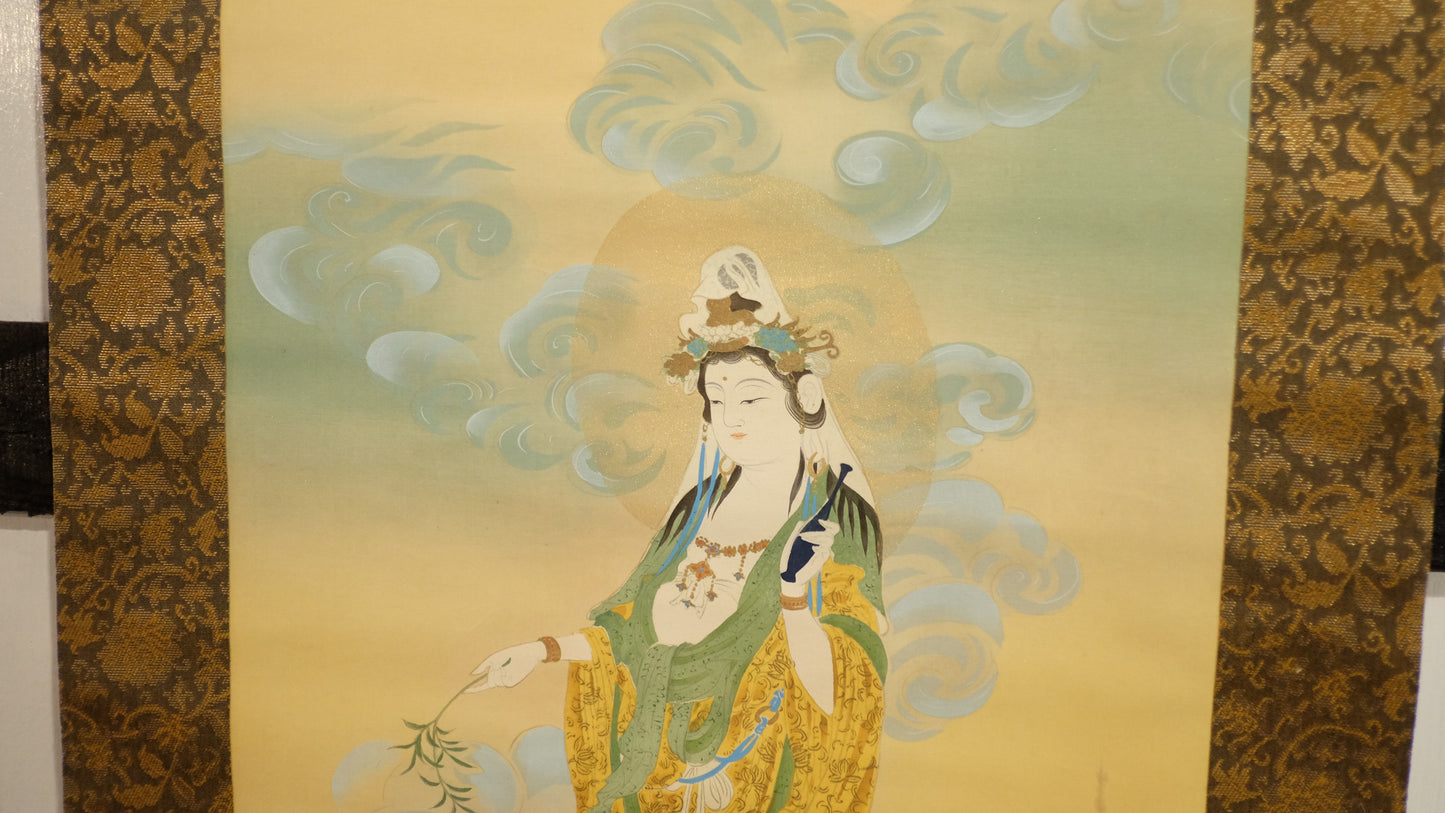 Elegant Japanese Scroll of Kannon – Goddess of Mercy on Clouds – Hand-Painted Silk Hanging Scroll – Spiritual Buddhist Art for Healing & Meditation