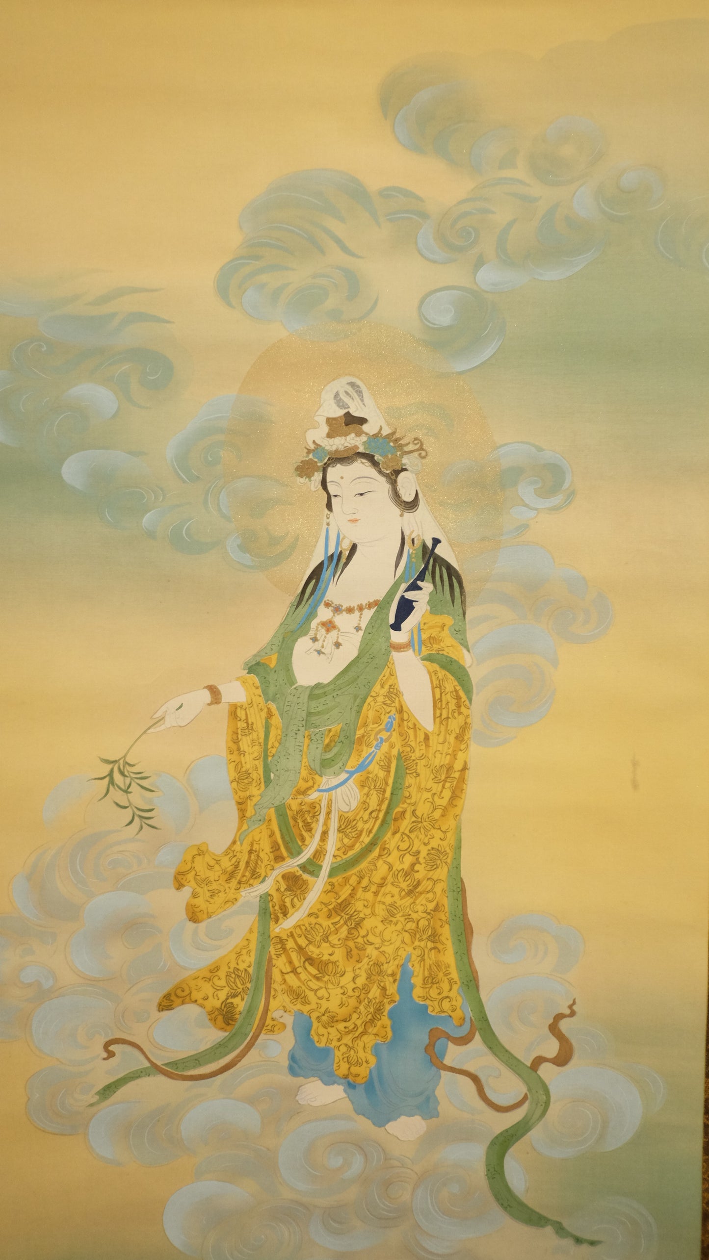 Elegant Japanese Scroll of Kannon – Goddess of Mercy on Clouds – Hand-Painted Silk Hanging Scroll – Spiritual Buddhist Art for Healing & Meditation