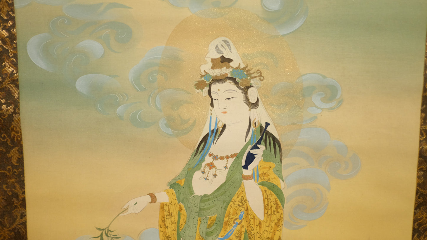 Elegant Japanese Scroll of Kannon – Goddess of Mercy on Clouds – Hand-Painted Silk Hanging Scroll – Spiritual Buddhist Art for Healing & Meditation