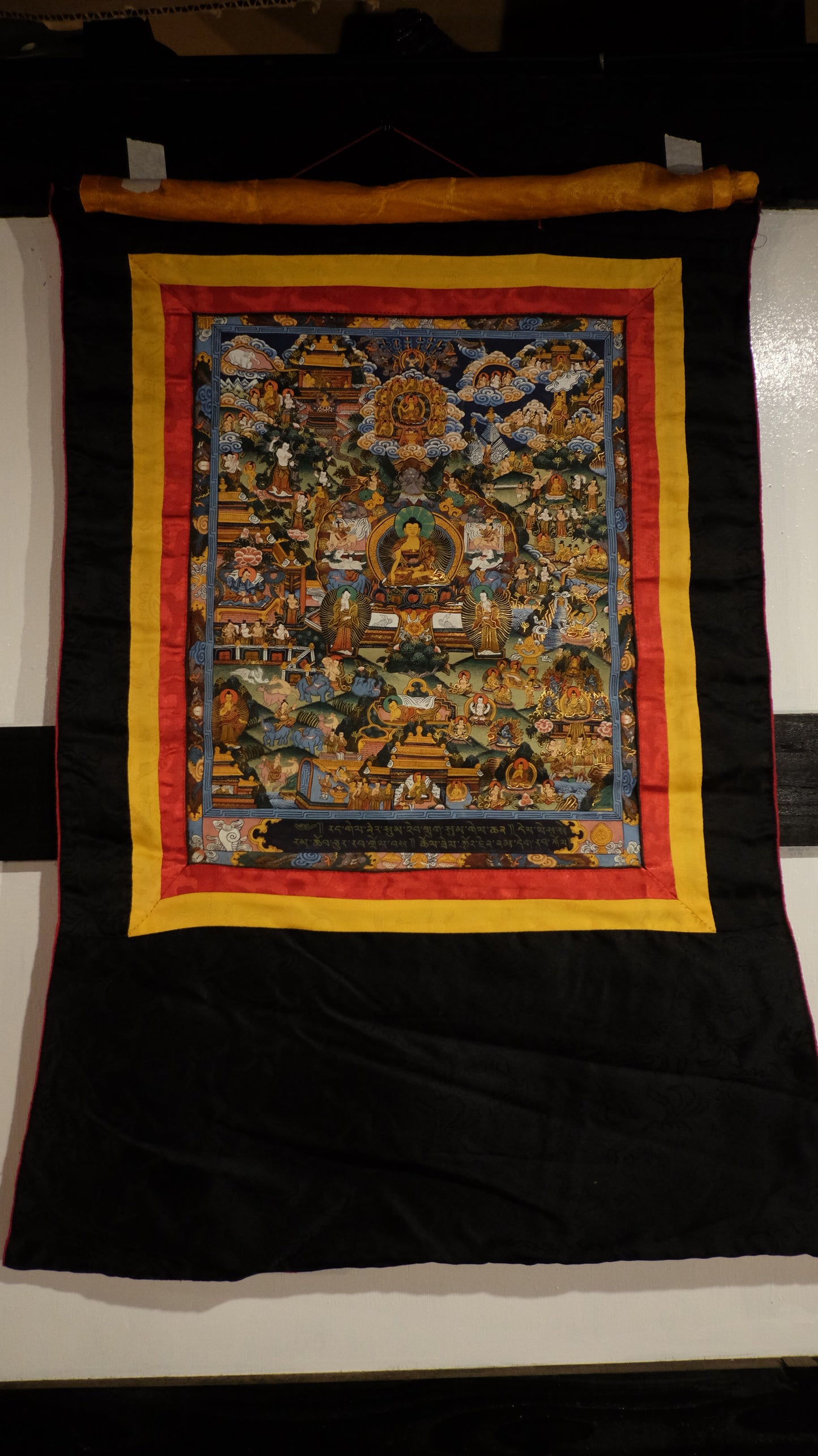 Hand-Painted Tibetan Thangka of Buddha’s Life – Gold-Embellished Buddhist Scroll Wall Art | Himalayan Spiritual Home Decor