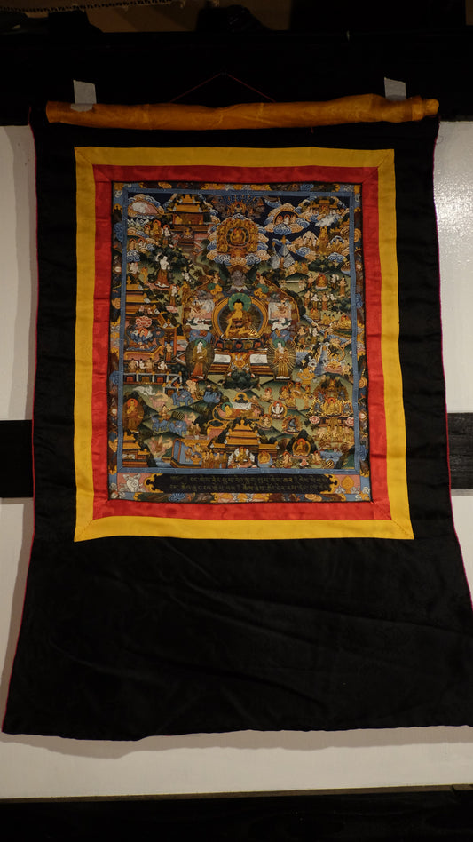 Hand-Painted Tibetan Thangka of Buddha’s Life – Gold-Embellished Buddhist Scroll Wall Art | Himalayan Spiritual Home Decor