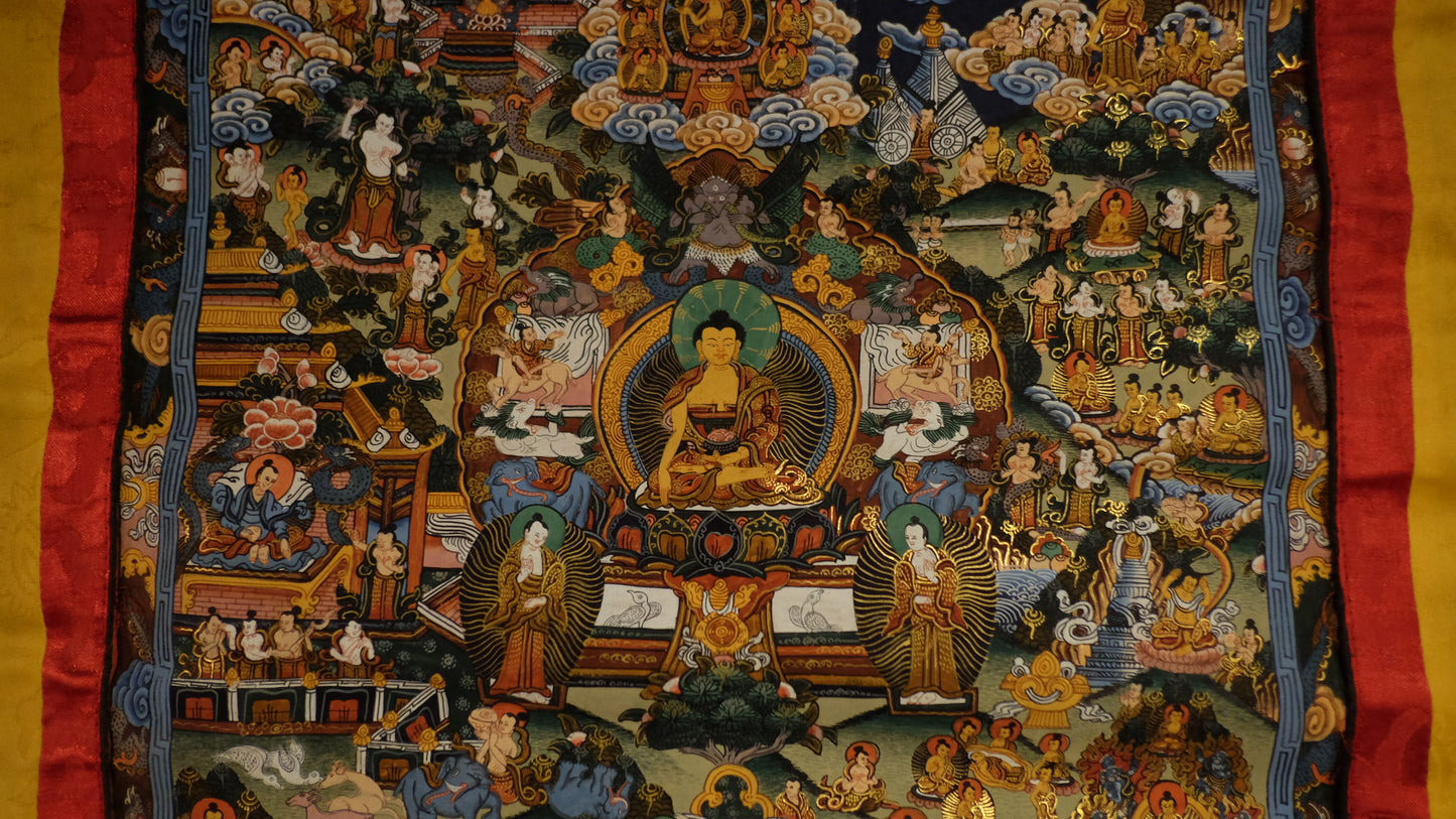 Hand-Painted Tibetan Thangka of Buddha’s Life – Gold-Embellished Buddhist Scroll Wall Art | Himalayan Spiritual Home Decor