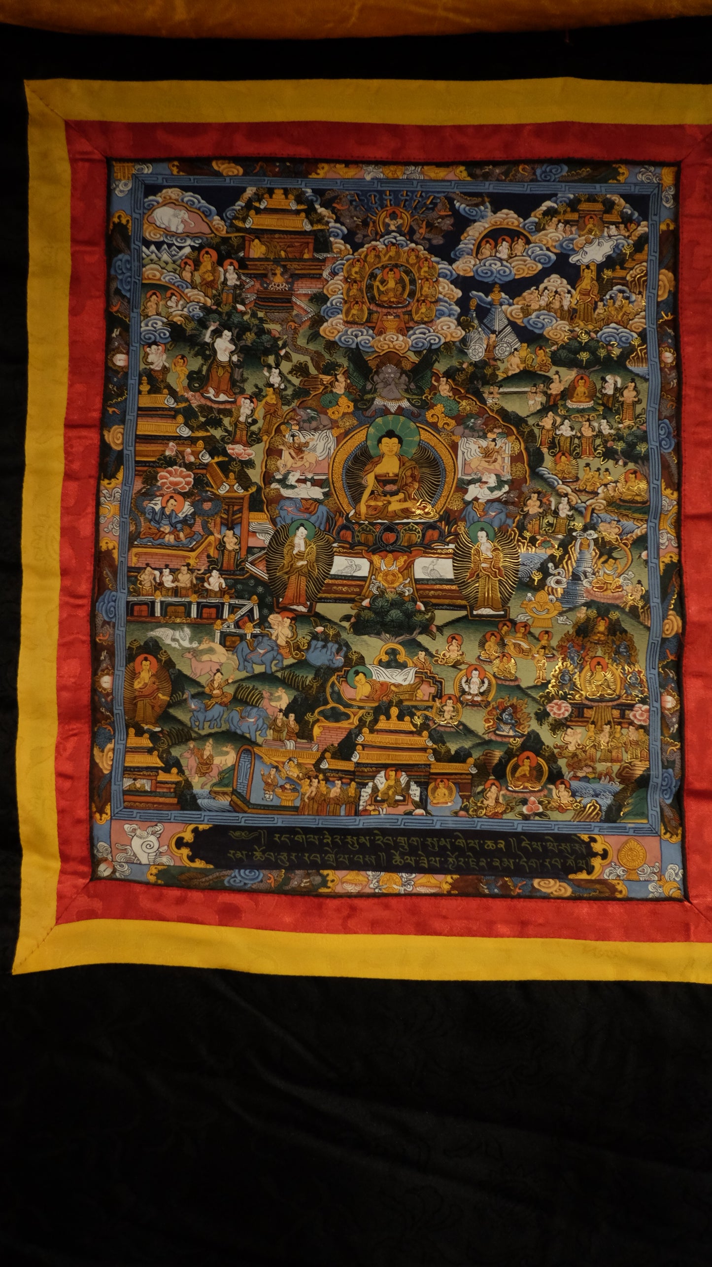 Hand-Painted Tibetan Thangka of Buddha’s Life – Gold-Embellished Buddhist Scroll Wall Art | Himalayan Spiritual Home Decor