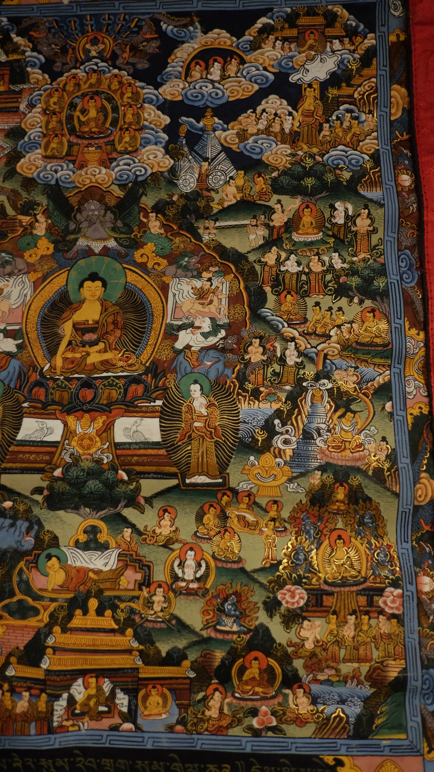 Hand-Painted Tibetan Thangka of Buddha’s Life – Gold-Embellished Buddhist Scroll Wall Art | Himalayan Spiritual Home Decor