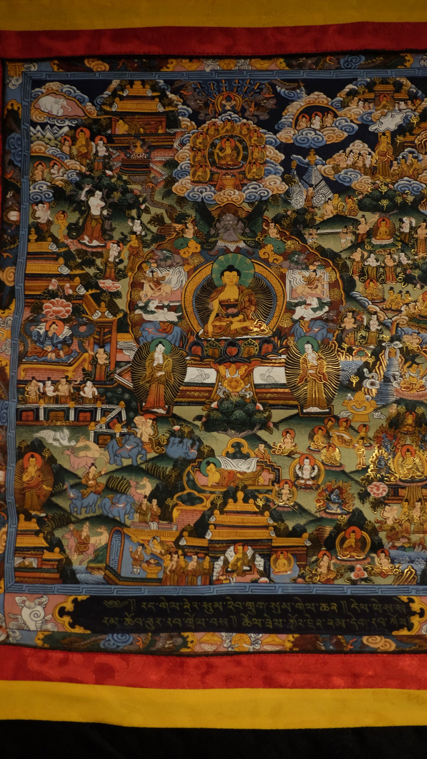 Hand-Painted Tibetan Thangka of Buddha’s Life – Gold-Embellished Buddhist Scroll Wall Art | Himalayan Spiritual Home Decor