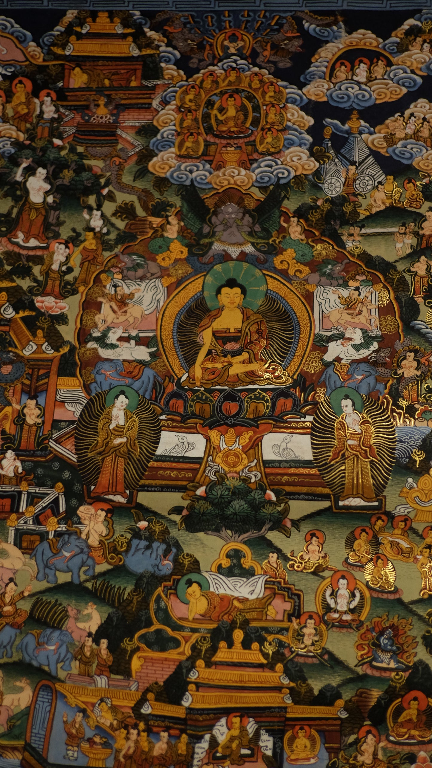 Hand-Painted Tibetan Thangka of Buddha’s Life – Gold-Embellished Buddhist Scroll Wall Art | Himalayan Spiritual Home Decor