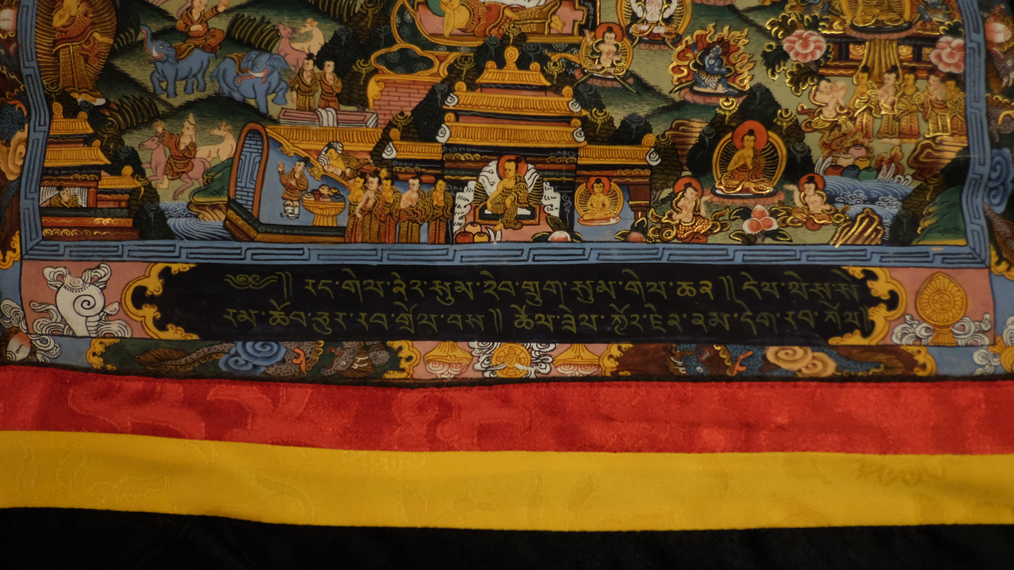 Hand-Painted Tibetan Thangka of Buddha’s Life – Gold-Embellished Buddhist Scroll Wall Art | Himalayan Spiritual Home Decor