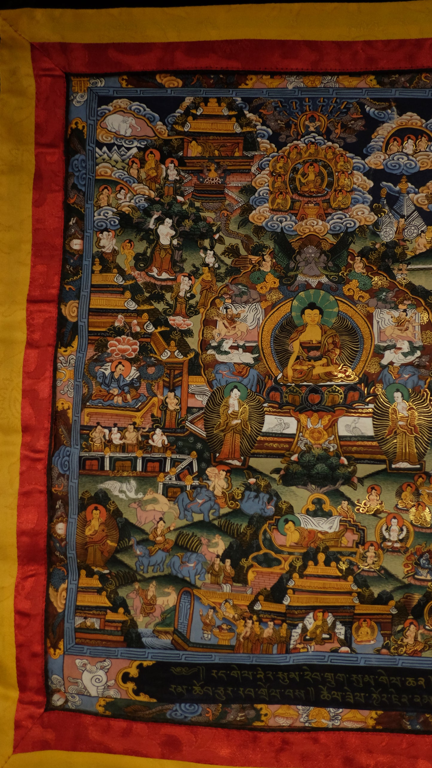 Hand-Painted Tibetan Thangka of Buddha’s Life – Gold-Embellished Buddhist Scroll Wall Art | Himalayan Spiritual Home Decor