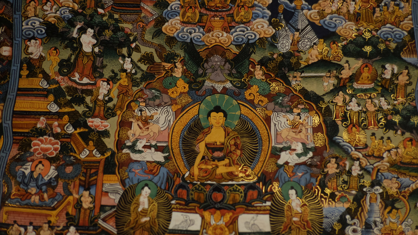 Hand-Painted Tibetan Thangka of Buddha’s Life – Gold-Embellished Buddhist Scroll Wall Art | Himalayan Spiritual Home Decor