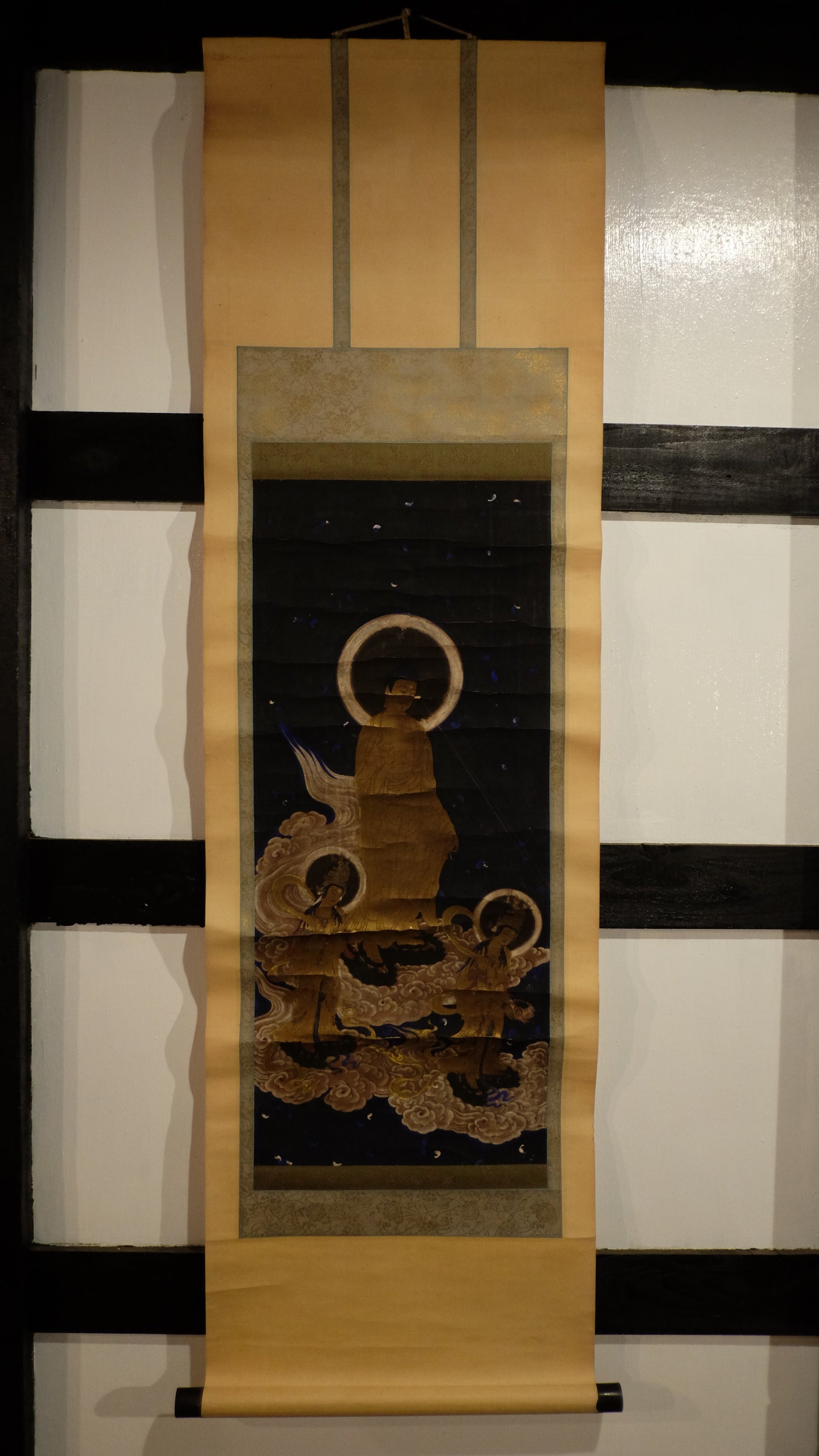 Antique Japanese Amida Raigō Scroll | Amitabha with Kannon & Seishi | Gold Buddhist Kakejiku | Pure Land Temple Art
