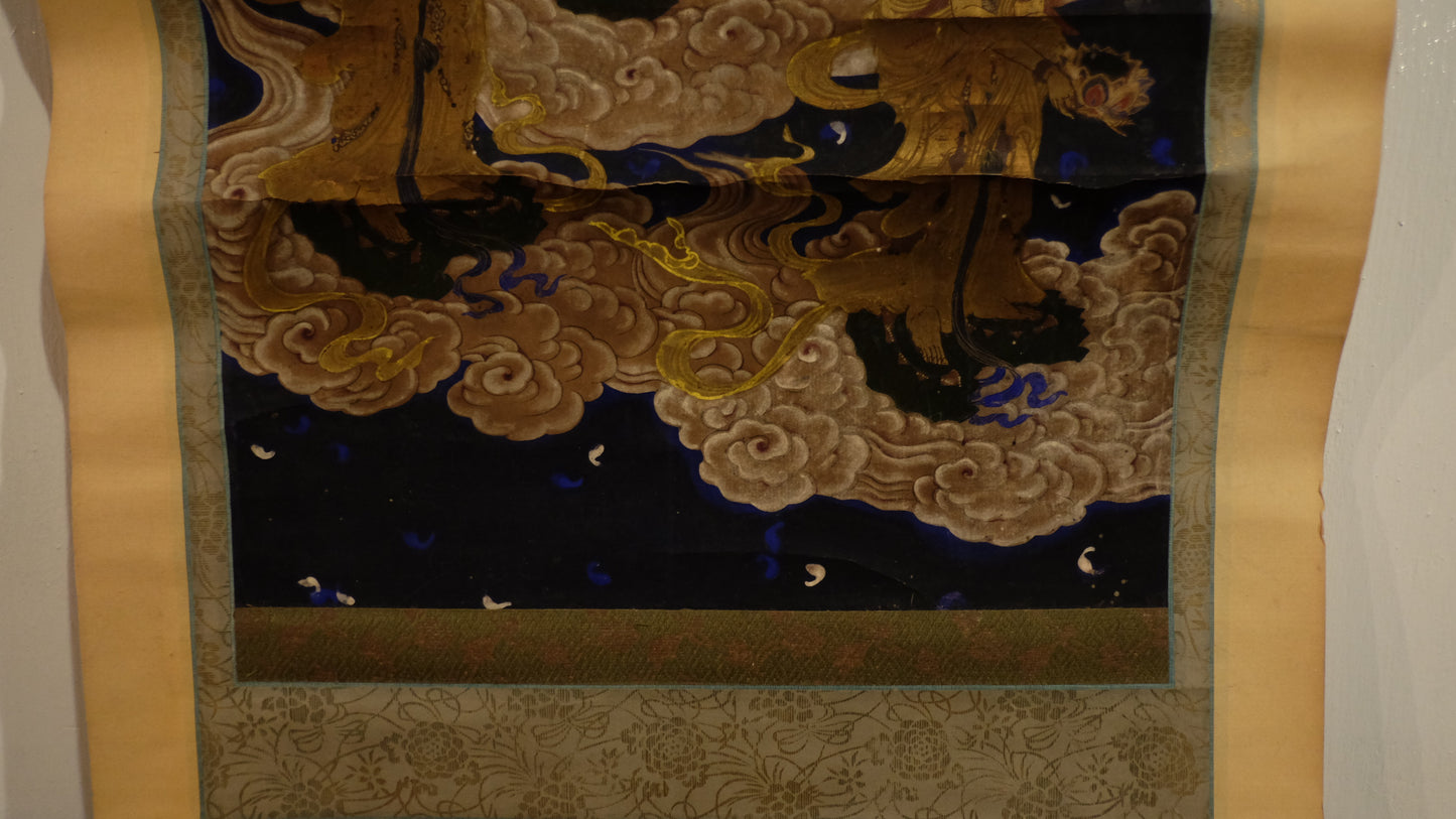 Antique Japanese Amida Raigō Scroll | Amitabha with Kannon & Seishi | Gold Buddhist Kakejiku | Pure Land Temple Art