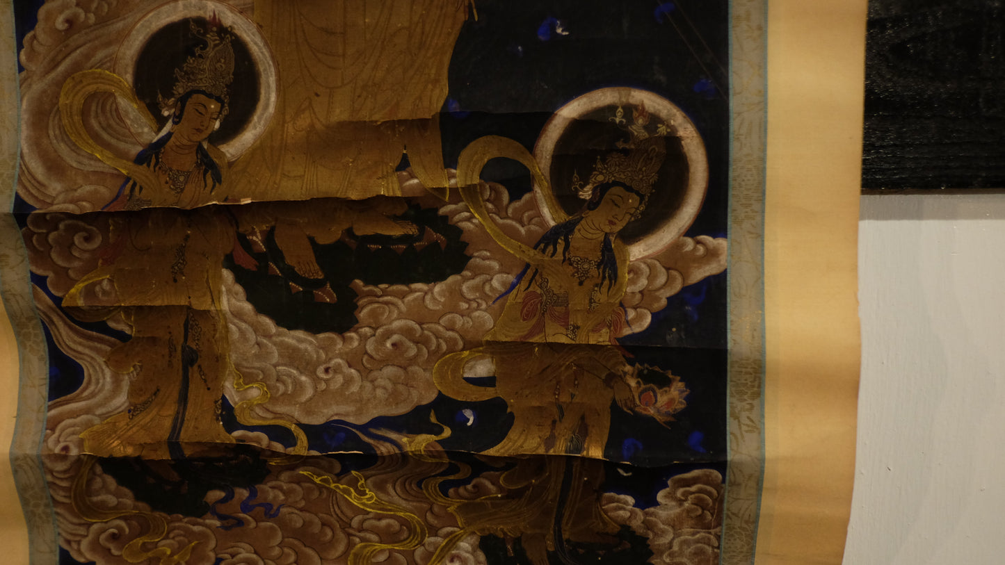 Antique Japanese Amida Raigō Scroll | Amitabha with Kannon & Seishi | Gold Buddhist Kakejiku | Pure Land Temple Art