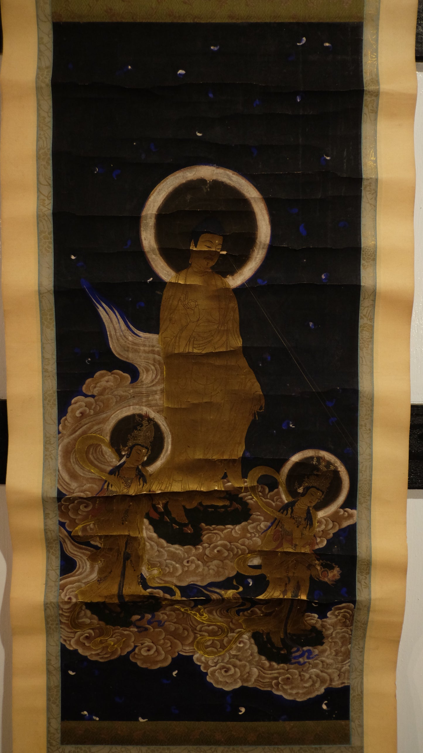 Antique Japanese Amida Raigō Scroll | Amitabha with Kannon & Seishi | Gold Buddhist Kakejiku | Pure Land Temple Art
