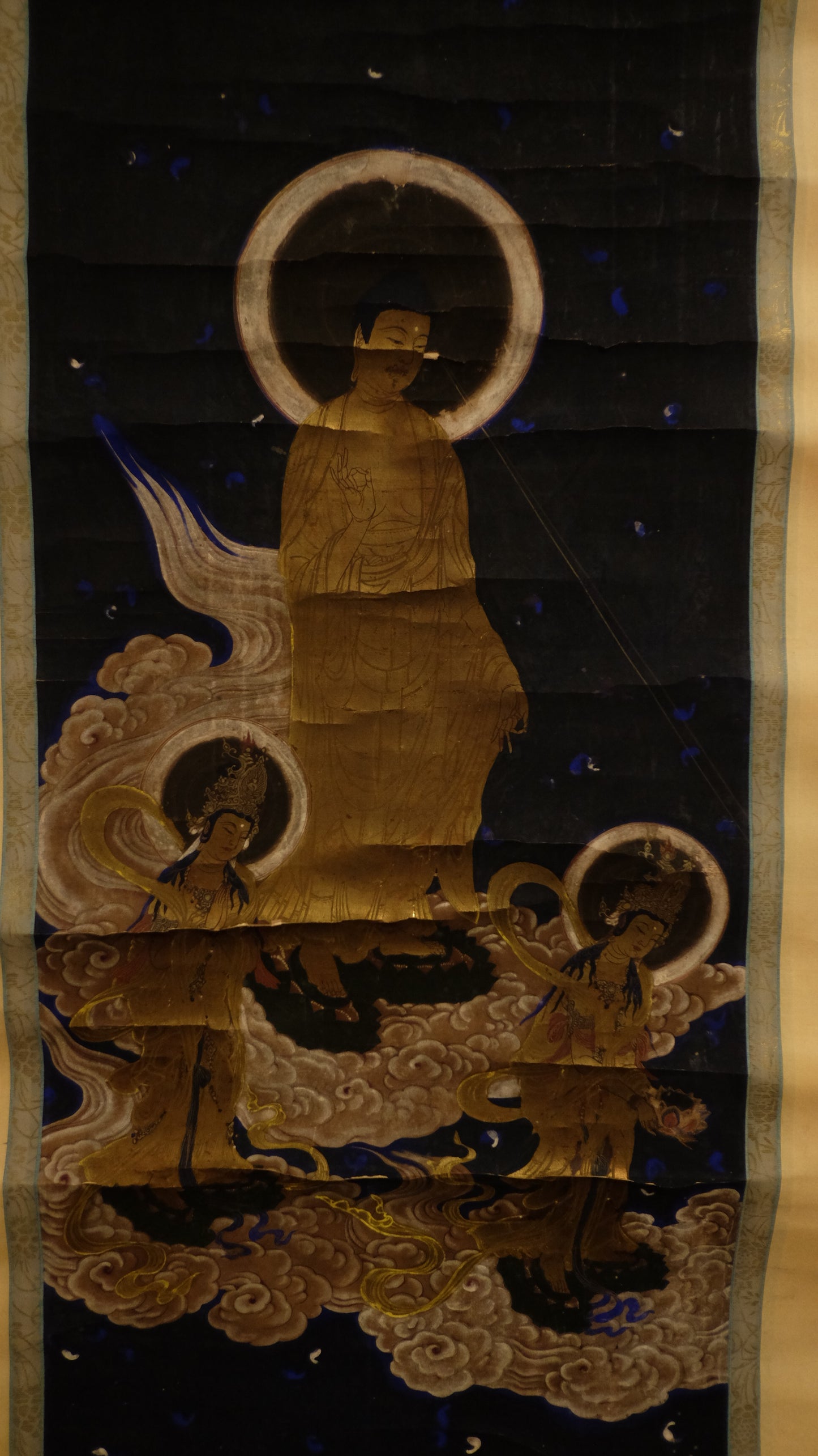 Antique Japanese Amida Raigō Scroll | Amitabha with Kannon & Seishi | Gold Buddhist Kakejiku | Pure Land Temple Art