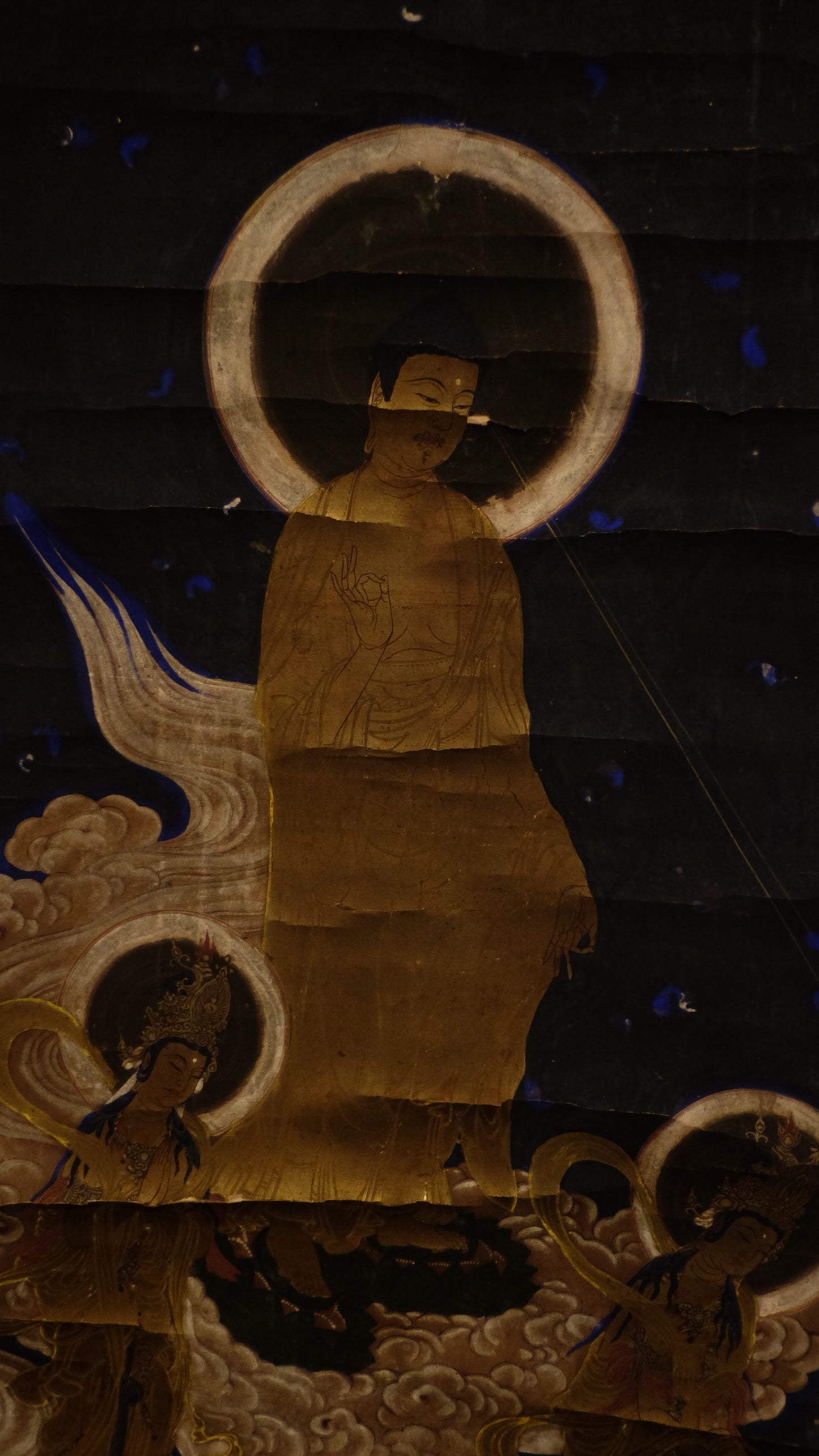 Antique Japanese Amida Raigō Scroll | Amitabha with Kannon & Seishi | Gold Buddhist Kakejiku | Pure Land Temple Art