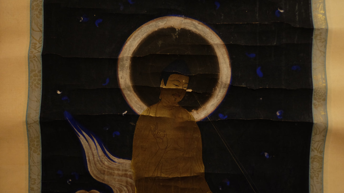 Antique Japanese Amida Raigō Scroll | Amitabha with Kannon & Seishi | Gold Buddhist Kakejiku | Pure Land Temple Art