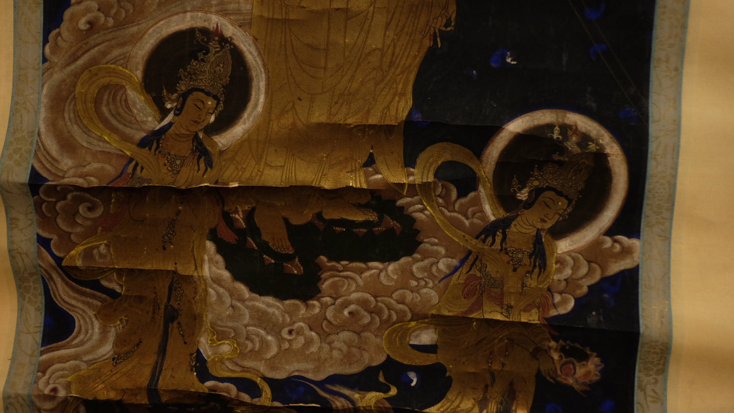 Antique Japanese Amida Raigō Scroll | Amitabha with Kannon & Seishi | Gold Buddhist Kakejiku | Pure Land Temple Art