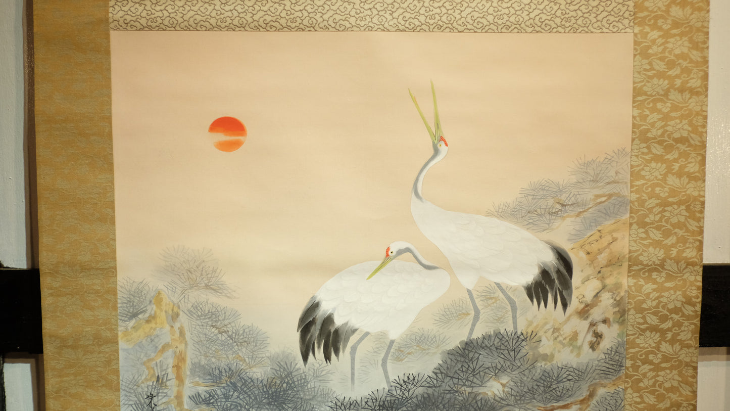 Elegant Japanese Hanging Scroll of Red-Crowned Cranes at Sunrise – Symbol of Longevity & Harmony – Hand-Painted Kakejiku