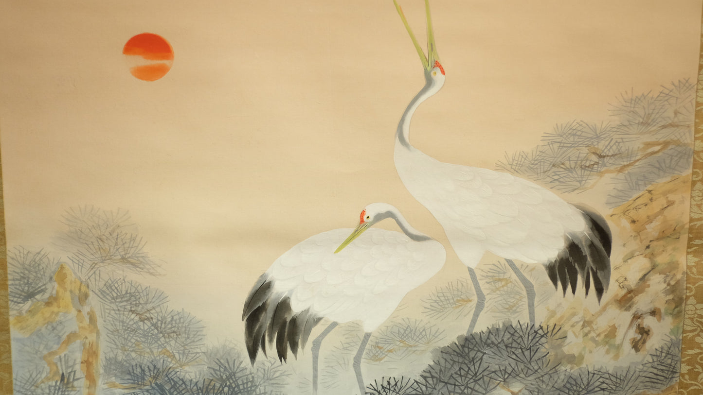 Elegant Japanese Hanging Scroll of Red-Crowned Cranes at Sunrise – Symbol of Longevity & Harmony – Hand-Painted Kakejiku
