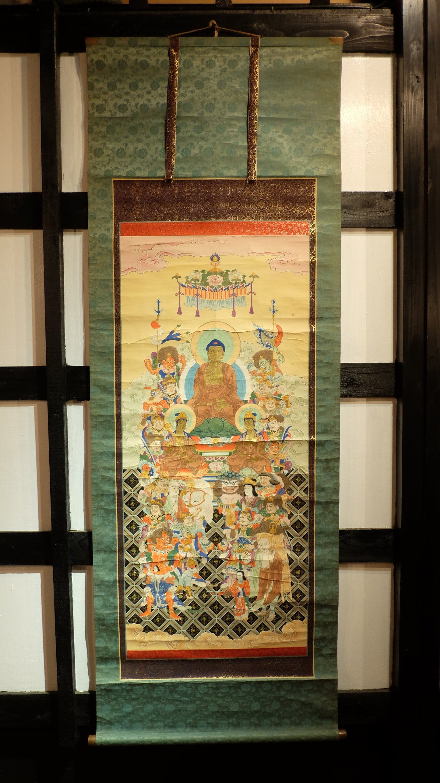 Antique Japanese Shakyamuni Buddha with 16 Arhats Zen Scroll | Edo-Meiji Period Hanging Scroll | Buddhist Art Meditation Decor
