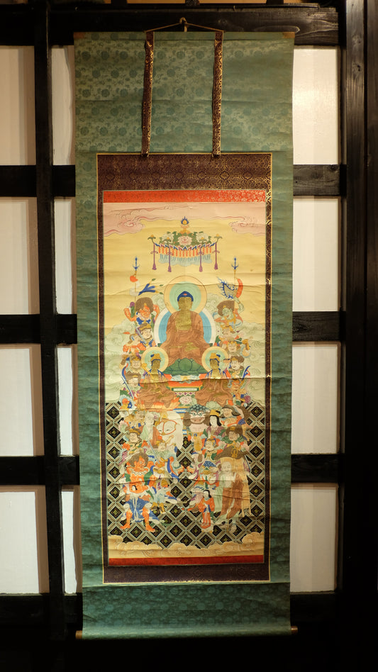 Antique Japanese Shakyamuni Buddha with 16 Arhats Zen Scroll | Edo-Meiji Period Hanging Scroll | Buddhist Art Meditation Decor