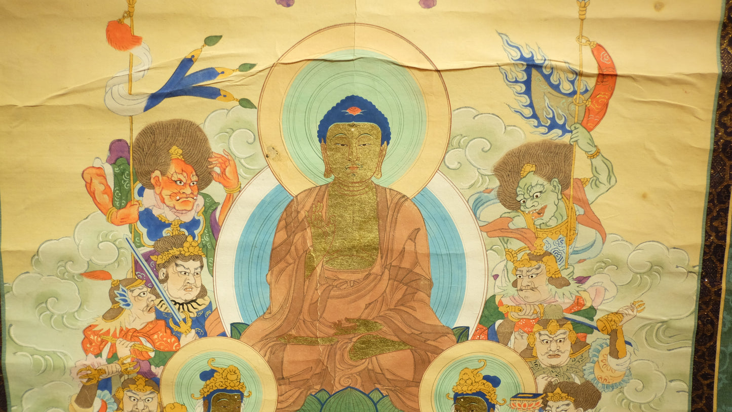 Antique Japanese Shakyamuni Buddha with 16 Arhats Zen Scroll | Edo-Meiji Period Hanging Scroll | Buddhist Art Meditation Decor