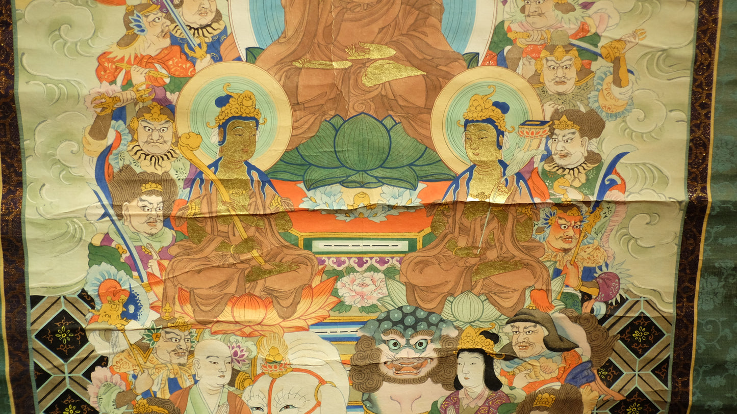 Antique Japanese Shakyamuni Buddha with 16 Arhats Zen Scroll | Edo-Meiji Period Hanging Scroll | Buddhist Art Meditation Decor