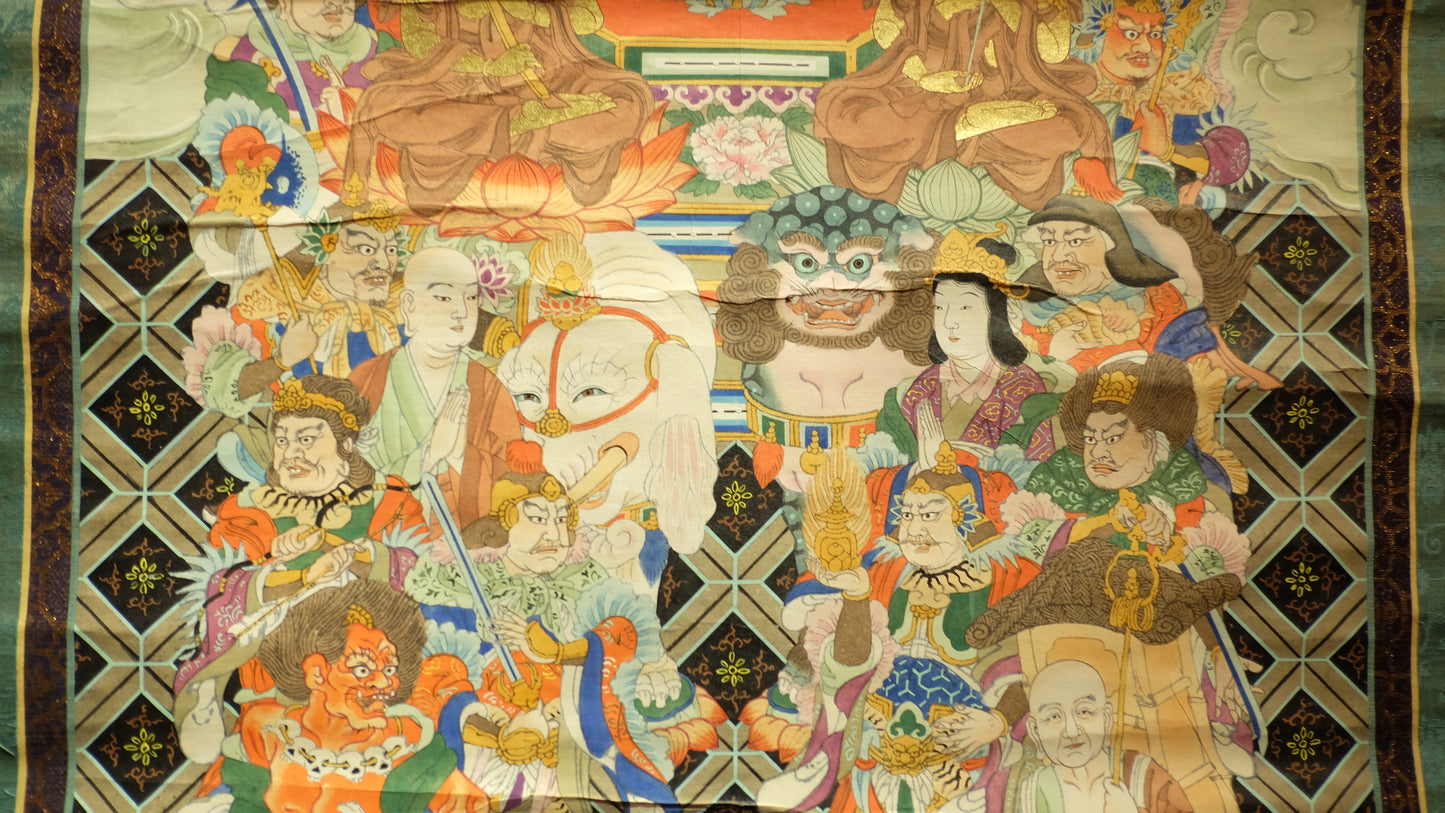 Antique Japanese Shakyamuni Buddha with 16 Arhats Zen Scroll | Edo-Meiji Period Hanging Scroll | Buddhist Art Meditation Decor