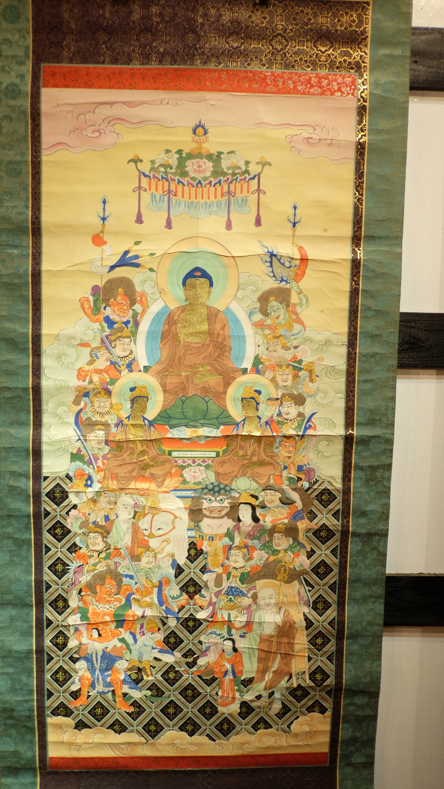 Antique Japanese Shakyamuni Buddha with 16 Arhats Zen Scroll | Edo-Meiji Period Hanging Scroll | Buddhist Art Meditation Decor