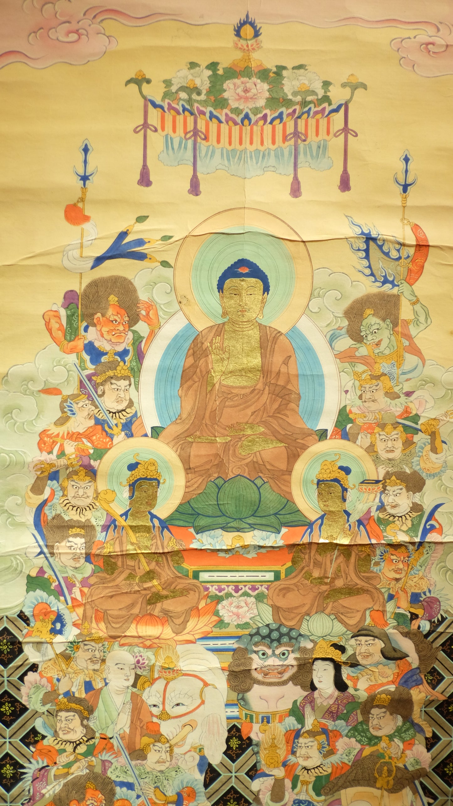 Antique Japanese Shakyamuni Buddha with 16 Arhats Zen Scroll | Edo-Meiji Period Hanging Scroll | Buddhist Art Meditation Decor