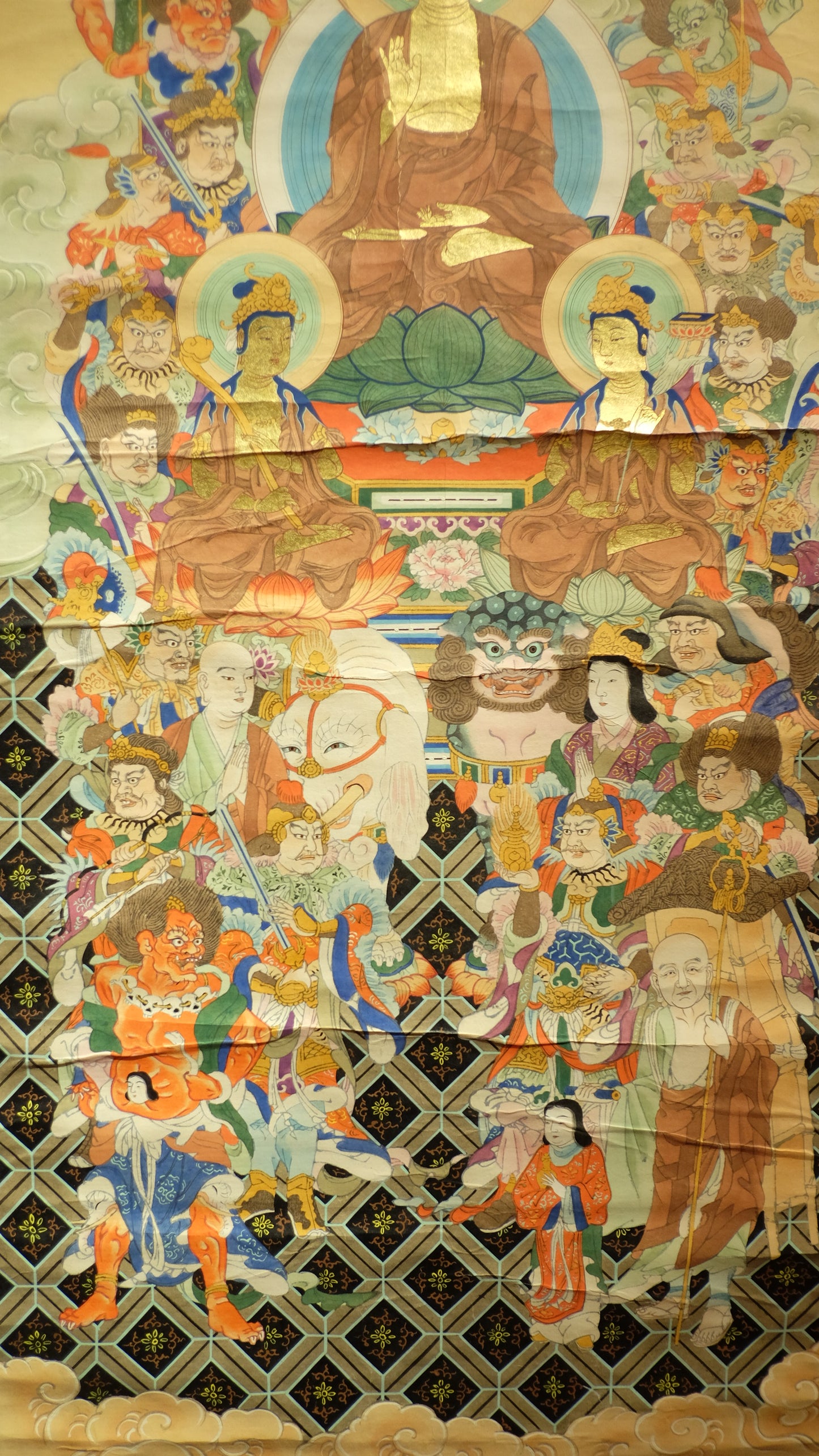 Antique Japanese Shakyamuni Buddha with 16 Arhats Zen Scroll | Edo-Meiji Period Hanging Scroll | Buddhist Art Meditation Decor