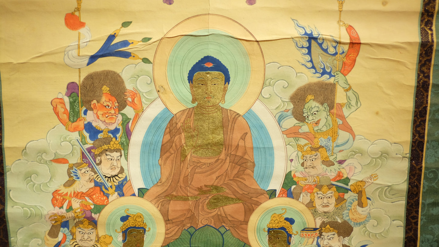 Antique Japanese Shakyamuni Buddha with 16 Arhats Zen Scroll | Edo-Meiji Period Hanging Scroll | Buddhist Art Meditation Decor