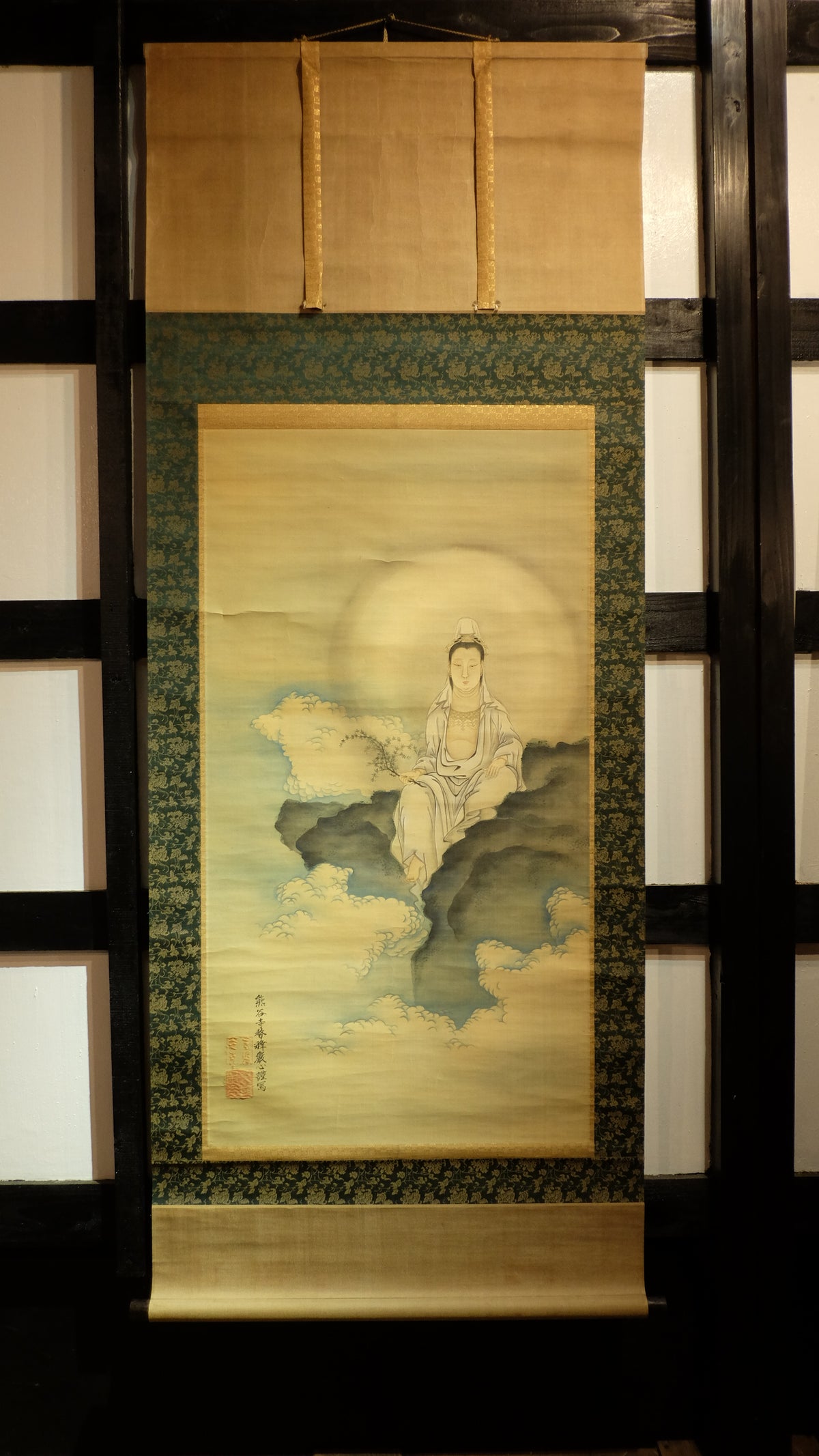 Vintage Guanyin Kannon Hanging Scroll with Box, Inscribed Buddhist Bodhisattva Art, Japanese Kakejiku Wall Decor