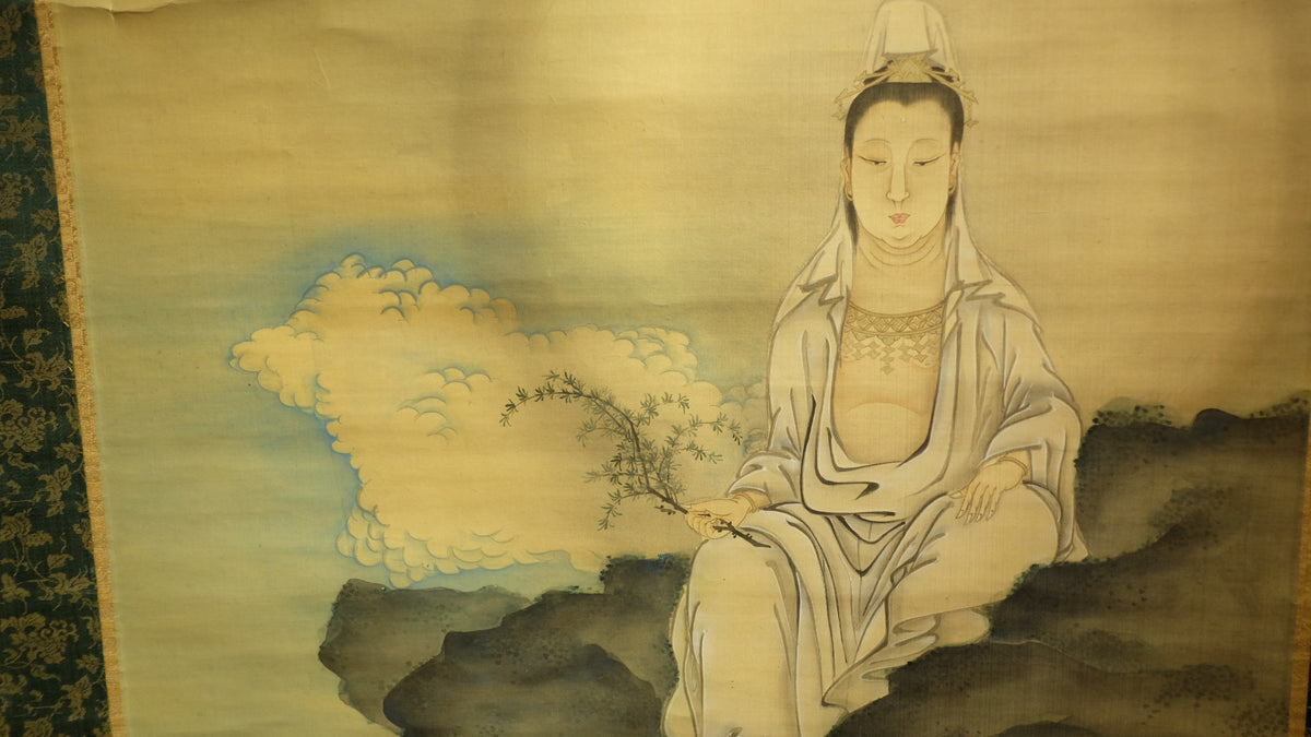 Vintage Guanyin Kannon Hanging Scroll with Box, Inscribed Buddhist Bodhisattva Art, Japanese Kakejiku Wall Decor