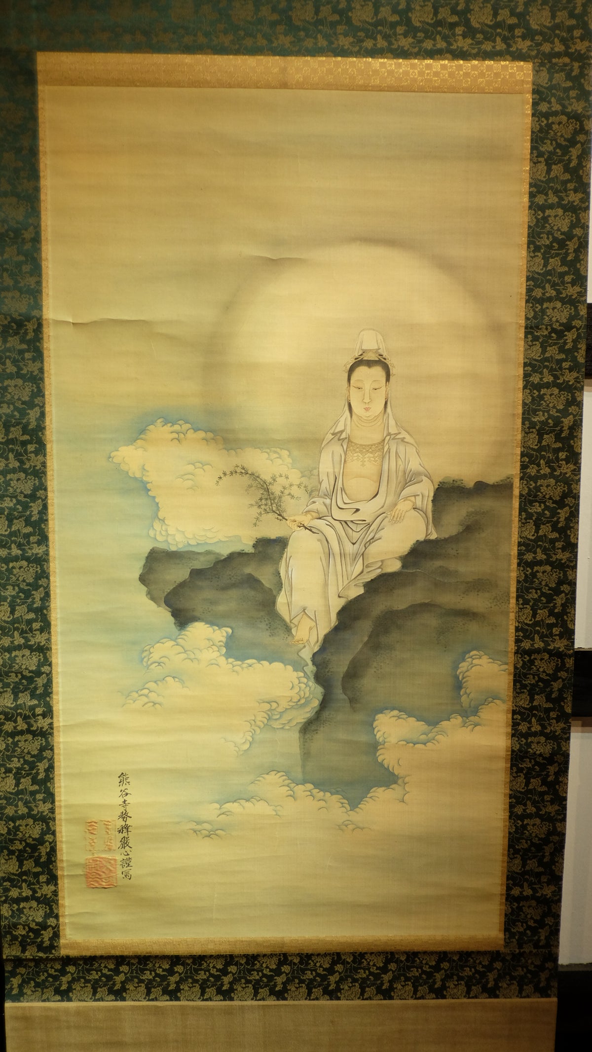 Vintage Guanyin Kannon Hanging Scroll with Box, Inscribed Buddhist Bodhisattva Art, Japanese Kakejiku Wall Decor