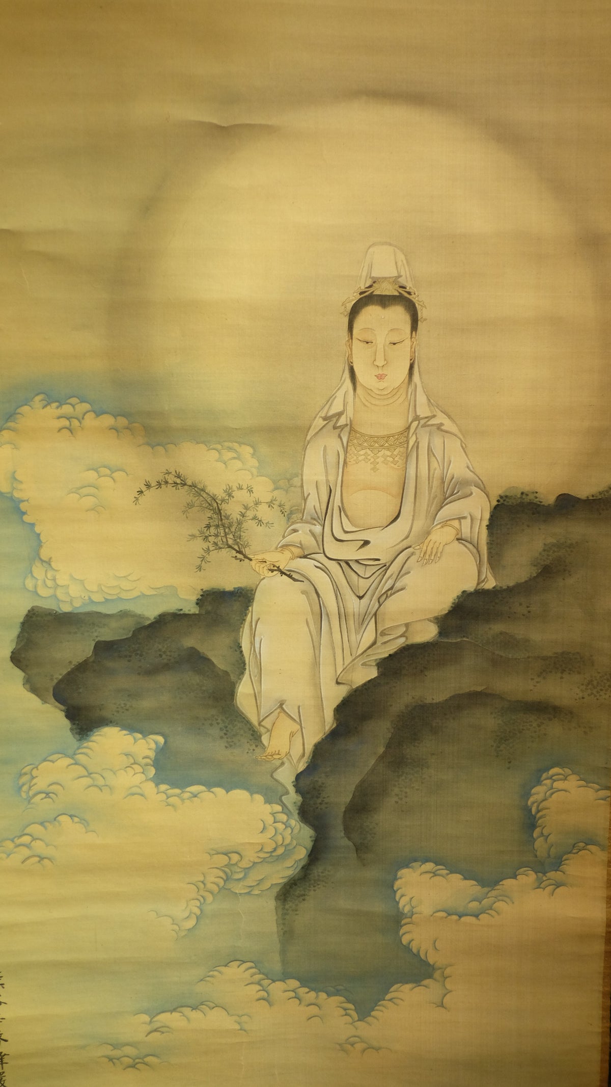 Vintage Guanyin Kannon Hanging Scroll with Box, Inscribed Buddhist Bodhisattva Art, Japanese Kakejiku Wall Decor