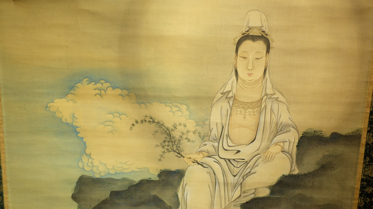 Vintage Guanyin Kannon Hanging Scroll with Box, Inscribed Buddhist Bodhisattva Art, Japanese Kakejiku Wall Decor