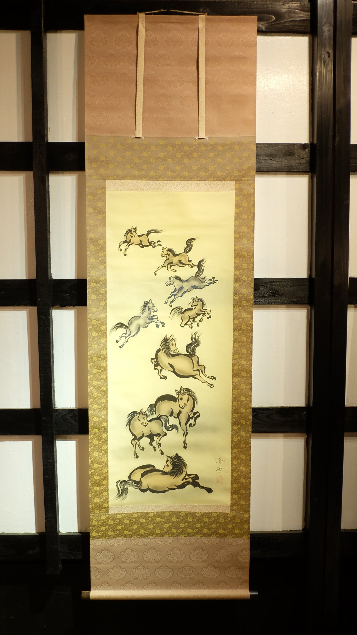 Vintage Japanese Kakejiku Scroll – Galloping Nine Horses for Power, Success & Luck – Asian Art Decor with Feng Shui Symbolism