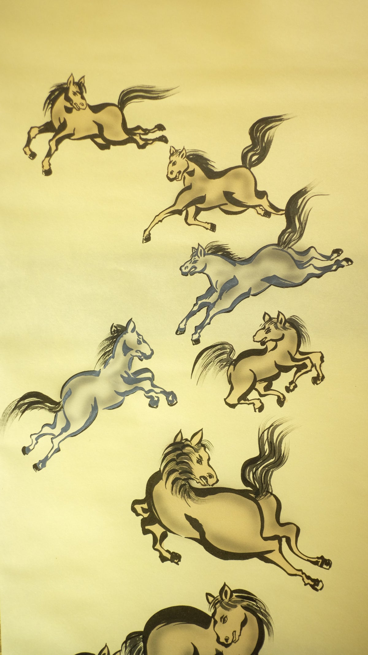 Vintage Japanese Kakejiku Scroll – Galloping Nine Horses for Power, Success & Luck – Asian Art Decor with Feng Shui Symbolism