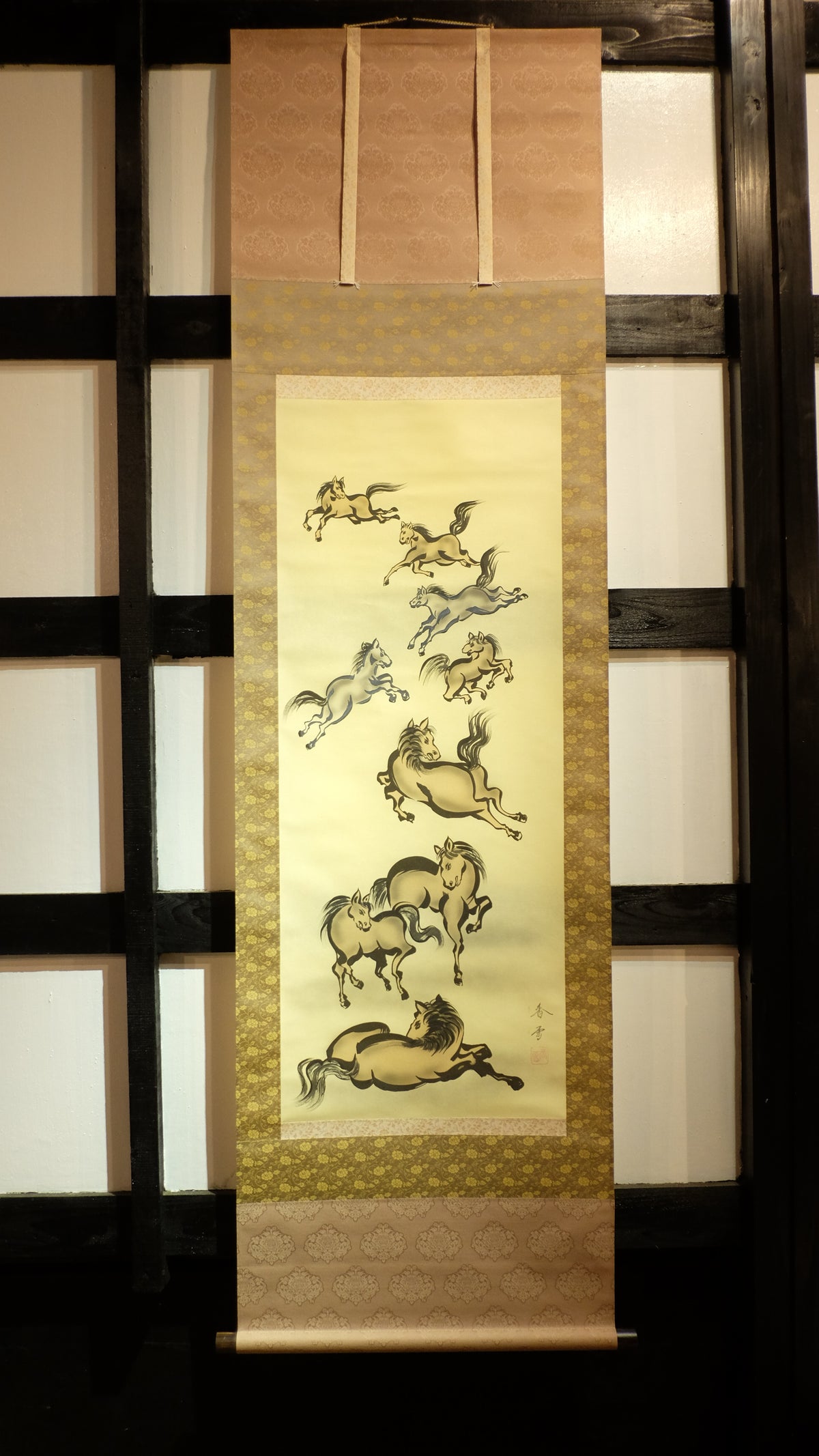 Vintage Japanese Kakejiku Scroll – Galloping Nine Horses for Power, Success & Luck – Asian Art Decor with Feng Shui Symbolism